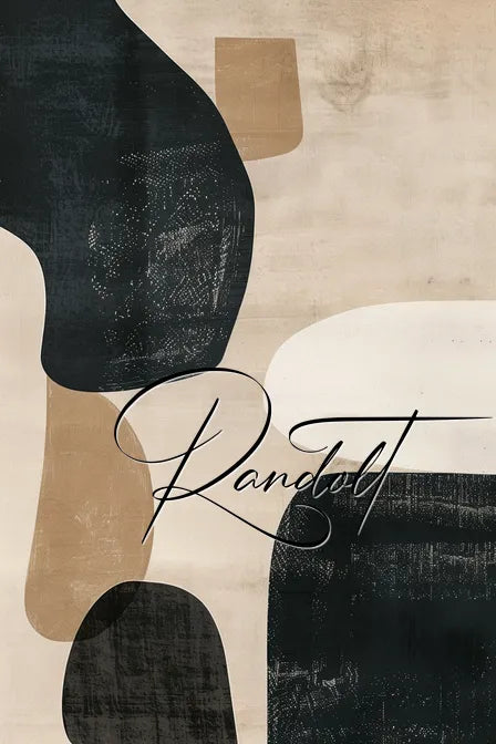 Abstract painting with black, brown, and white shapes on a textured beige background, with elegant cursive text "Randolt."