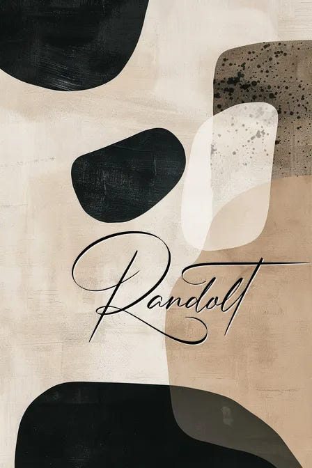 Abstract design with bold black, white, and tan shapes; cursive text "Randolt" overlaying the pattern.