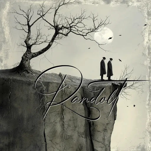 Two figures on a cliff with a leafless tree and full moon in the background, birds flying in the sky, elegant script text.