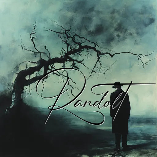 Silhouette of person in dark coat and hat near leafless tree on foggy landscape, with cursive text overlay.