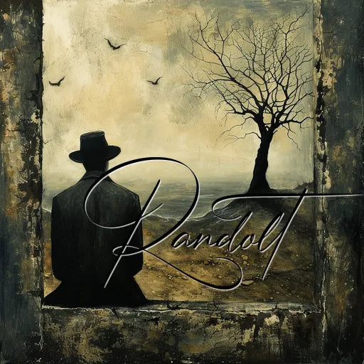 Silhouette of a man in a hat, facing a bare tree and flying birds with 'Randolt' script overlay.