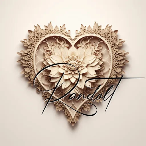 Intricate heart-shaped paper cutout with floral details and decorative script, "Randall," overlayed in elegant font.