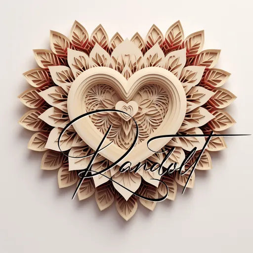 Intricate layered paper art featuring a heart design with detailed leaf patterns, text overlaying the image.