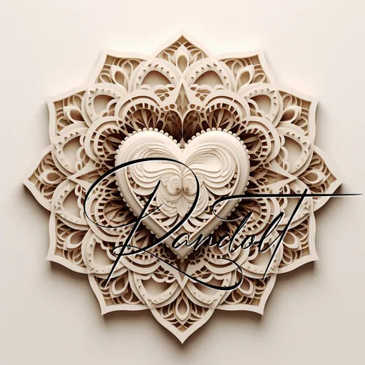 Intricate layered mandala with heart center, featuring ornate lace-like patterns in a neutral palette.