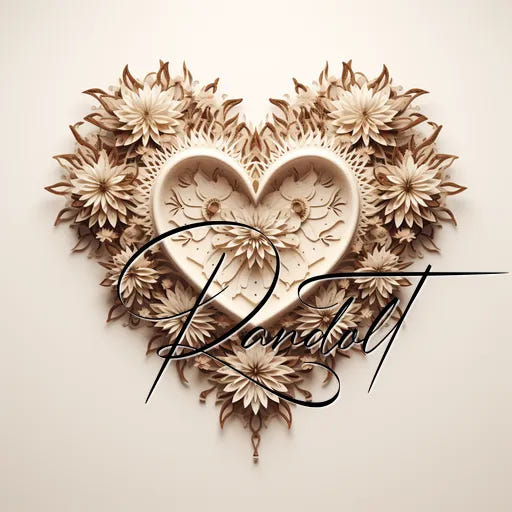 Heart-shaped floral sculpture with intricate details and the word 'Randolt' scripted across.