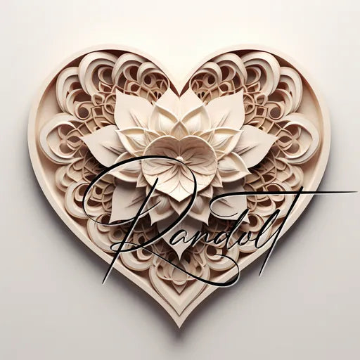 Intricate paper heart with floral design and cursive text 'Randolt' overlaying.