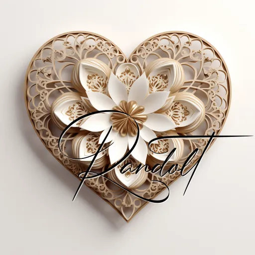 Intricate heart-shaped paper art with floral design and elegant calligraphy.