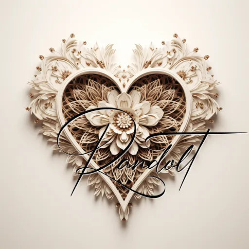 Intricate paper heart design with floral patterns and cursive 'Rendolt' script overlay.