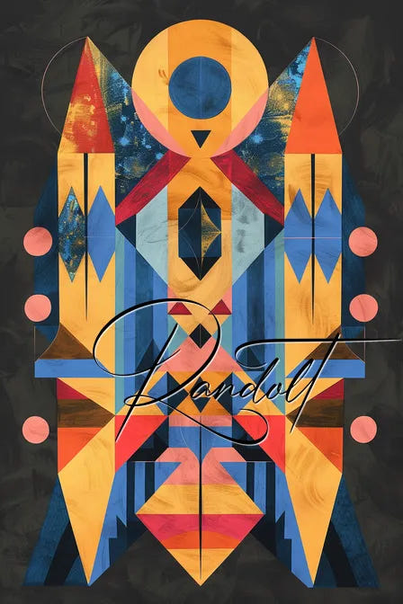 Geometric abstract art with bold orange, blue, and gold shapes on a dark background, featuring curved script text.