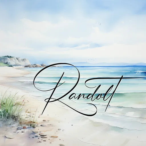 Watercolor seascape of a serene beach with blue sky, gentle waves, and grass, featuring elegant cursive text overlay.