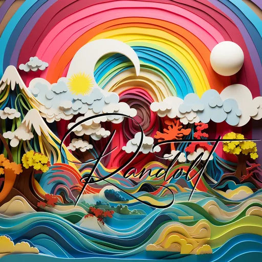 Colorful layered paper art with rainbow, sun, moon, clouds, mountains, trees, and waves forming a vibrant landscape.