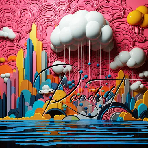 Colorful 3D cloudscape with vibrant cityscape, pink skies, and stylized clouds and raindrops over a reflective water surface.