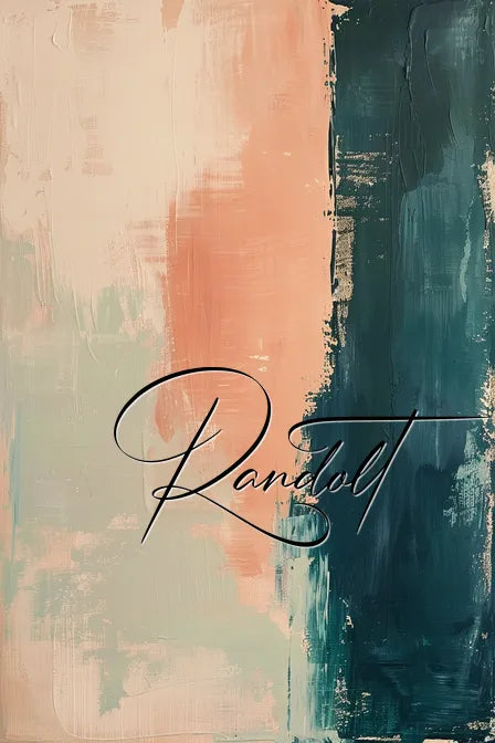 Abstract painting with vertical mint, peach, and teal brush strokes and the word 'Randol' in cursive script.