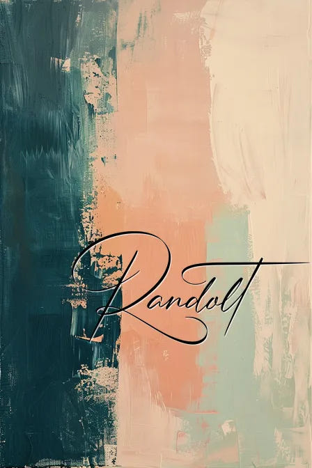 Abstract painting with green, peach, and cream swirls, featuring elegant script text "Randolt."