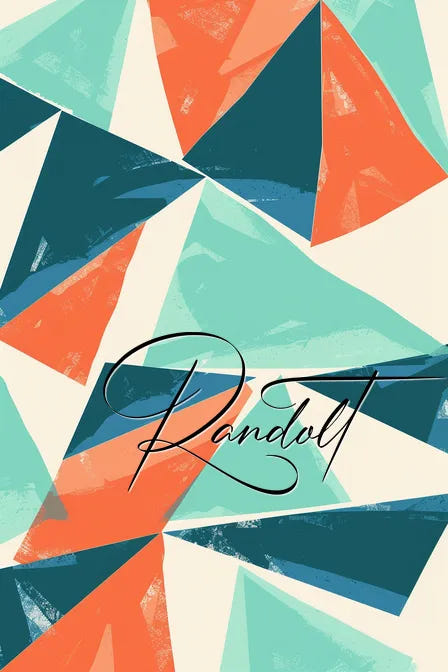 Abstract geometric design with teal and orange triangles, featuring cursive text "Randolt" in the center.