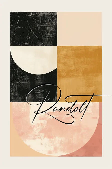 Abstract geometric art with black, gold, and pink shapes, featuring elegant script text "Randolt" overlaid.