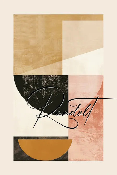 Abstract geometric art with beige, black, and pink shapes, featuring stylized cursive text overlay.