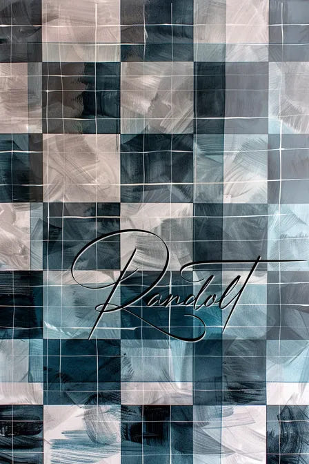 Abstract grid artwork with dark green and gray squares, featuring the word 'Randolf' in cursive.