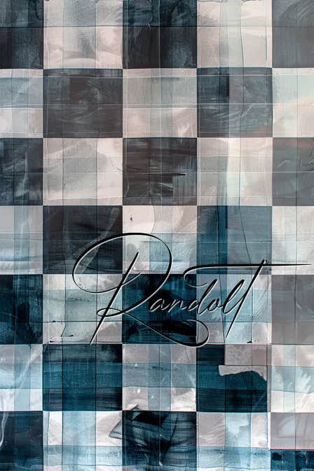 Abstract blue and white checkered painting with the word "Randart" in cursive overlayed.