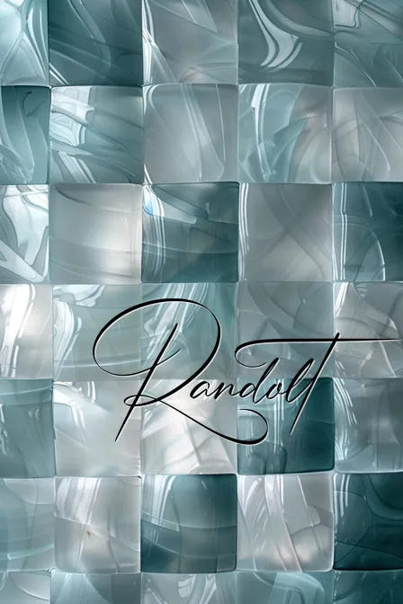 Abstract teal and white glass tile pattern with elegant text overlay.