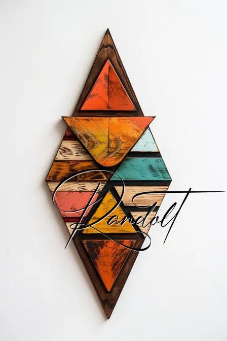 Geometric wall art with colorful triangular shapes in wood frame on white background.