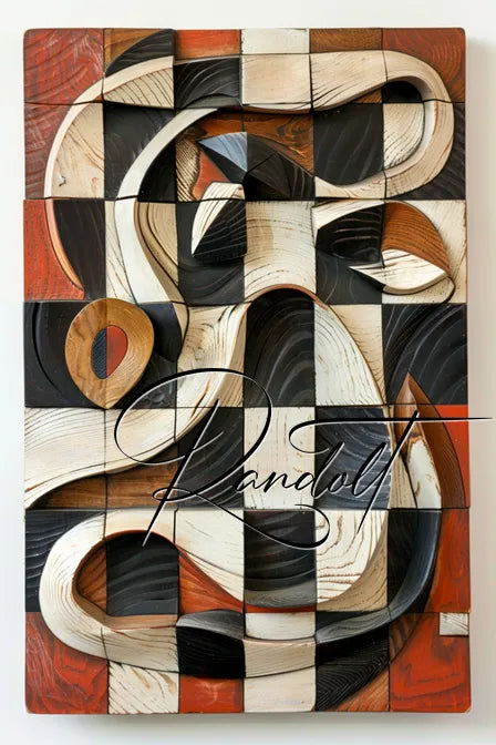 Colorful abstract wooden panel with swirling geometric shapes and contrasting squares.