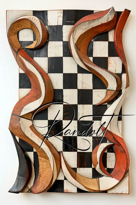 Abstract wooden sculpture with curvy shapes and black-and-white checkerboard pattern, featuring artist's signature.