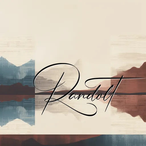 Abstract art with muted blue and rust colors, featuring the word 'Randolt' in elegant script overlaid.