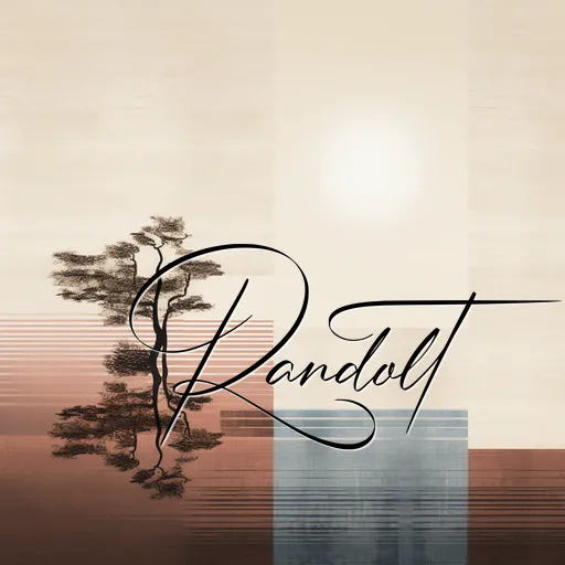 Minimalist landscape with black tree silhouette, abstract horizontal lines, and "Randolt" script in foreground.