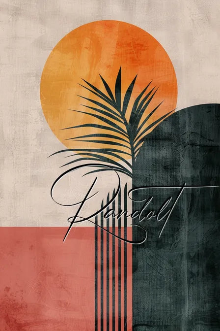 Abstract art featuring geometric shapes, a palm leaf silhouette, and a large orange sun against a textured background.