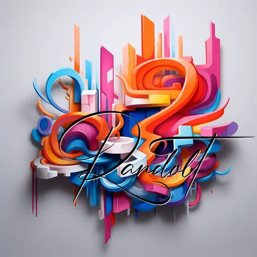 Colorful 3D graffiti art with bold shapes and vibrant colors, featuring the word 'Randolv' in elegant script.