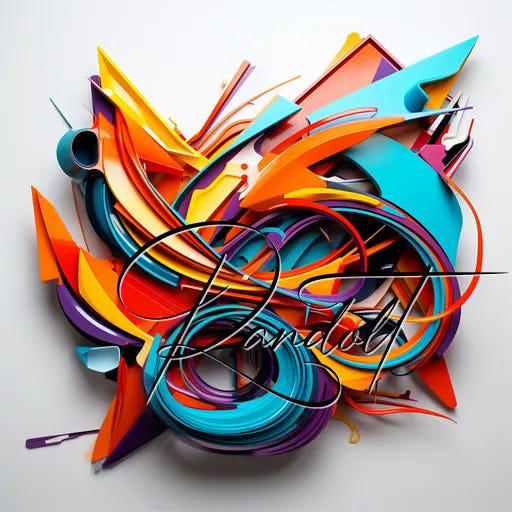 Colorful abstract graffiti with dynamic, overlapping shapes in orange, blue, and red, featuring cursive text.