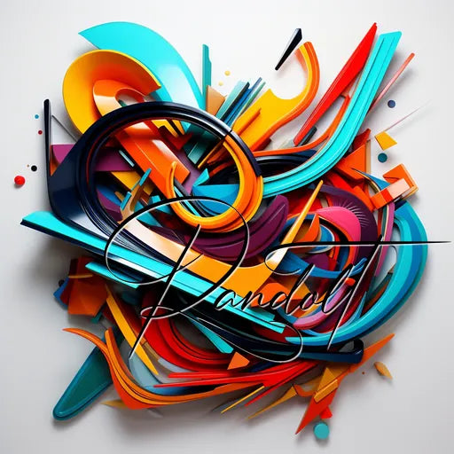 Abstract 3D artwork with colorful geometric shapes and overlapping layers, featuring vibrant blues, oranges, and reds.