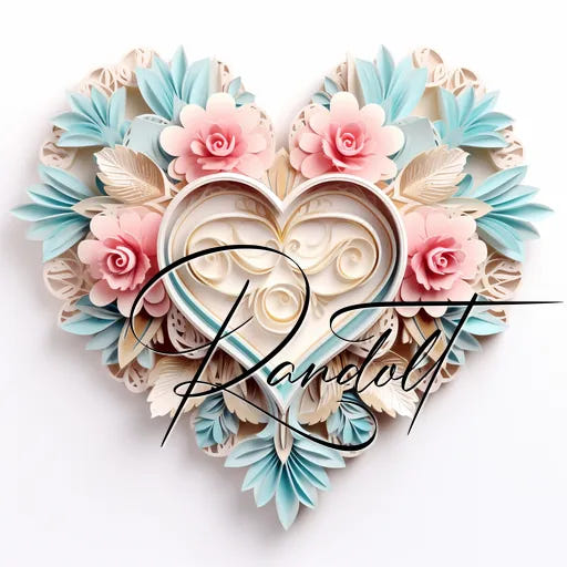 Heart-shaped paper art with pastel flowers and the word 'Randolt' written across it.