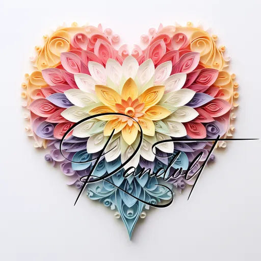 Intricate quilled paper art forming a heart shape with vibrant colors and floral patterns, featuring the word 'Kandut.'