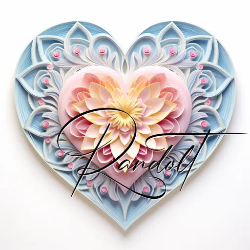 Intricate paper quilling heart with pastel floral design and cursive "Pandolf" overlay.