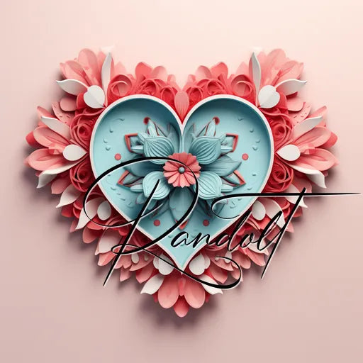 Paper heart with intricate blue and pink floral design on a light background.