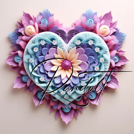 Intricate heart design with colorful floral patterns and a layered 3D effect, featuring soft pinks and purples.