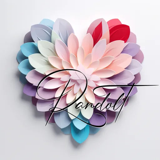 Heart-shaped flower with layered pastel petals and cursive text overlay on white background.