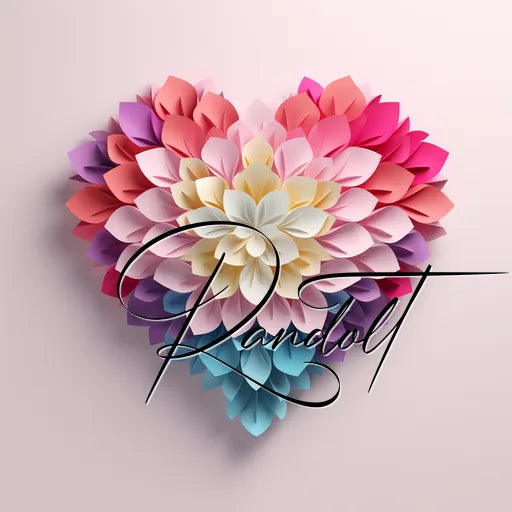 Colorful paper heart with layered petals and cursive text overlay on a soft background.