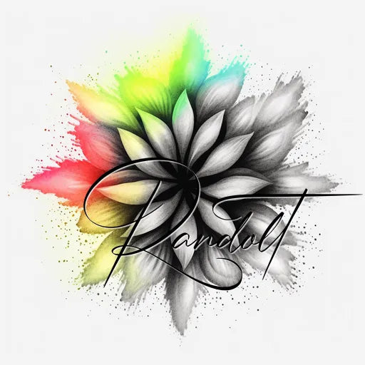 Abstract flower with bright colors and script text overlay on white background.