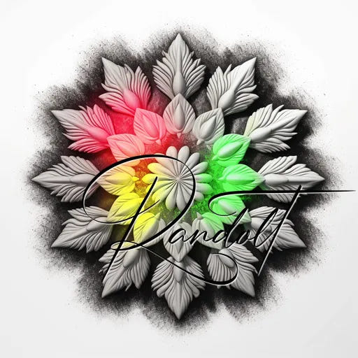 3D paper flower with red, yellow, and green lighting effects and elegant script overlay.