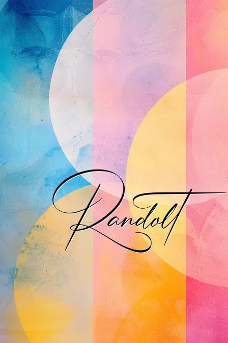 Colorful abstract design with overlapping circles in blue, pink, and yellow hues, featuring elegant script text "Randolt."