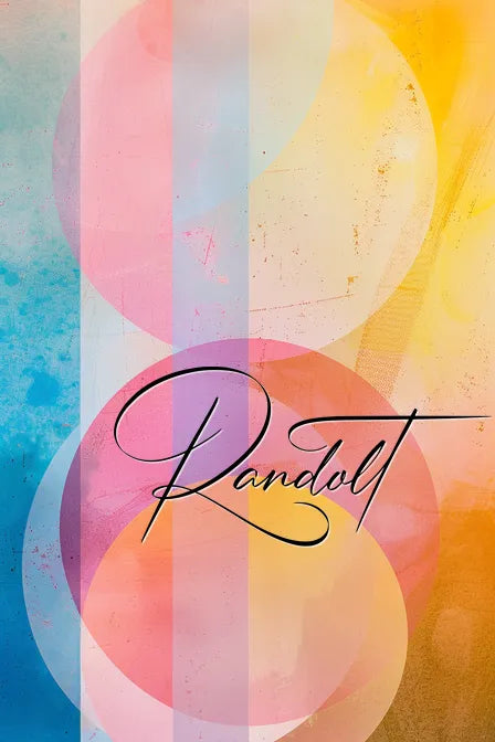 Abstract geometric design with overlapping colorful circles and elegant cursive text 'Randolt' over soft gradients.