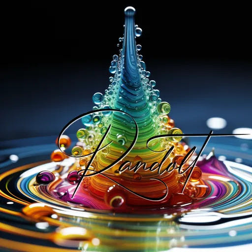 Colorful 3D artwork of liquid sculpture with vibrant droplet and wave patterns, featuring elegant cursive text overlay.