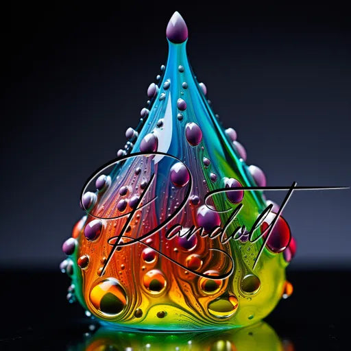 Colorful abstract 3D liquid sculpture with swirling drops and vibrant gradients, featuring the word 'Randell.'