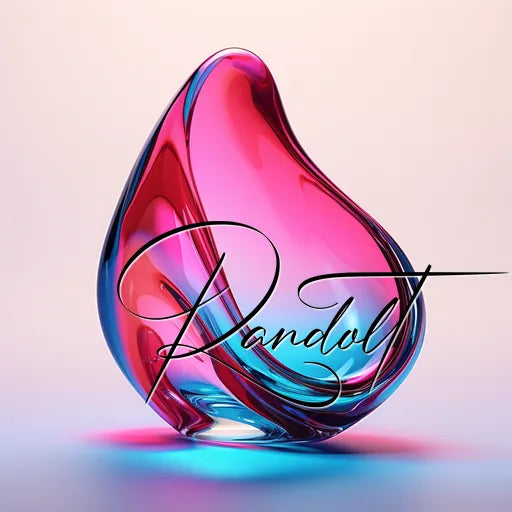 Abstract glass sculpture in pink and blue hues with intricate script overlay.