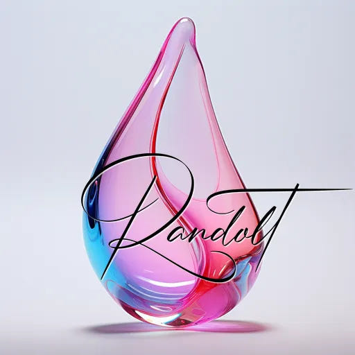 Elegant glass droplet sculpture in pink and blue hues with 'Randolt' lettering.