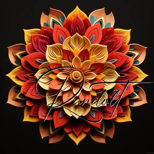 Intricate mandala design with layered red, orange, and yellow petals on a black background.