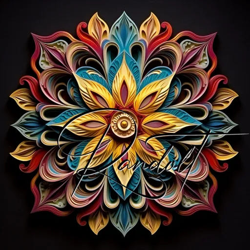 Intricate quilled paper art featuring layered floral and petal designs in vibrant colors on a dark background.